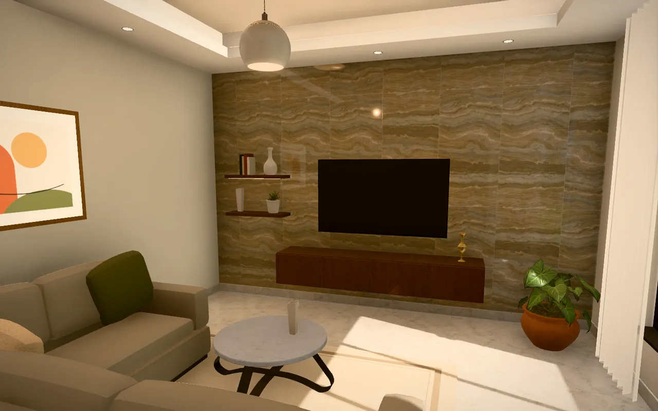 A living room in 3D Room View with a marble-look TV wall and a white marble floor